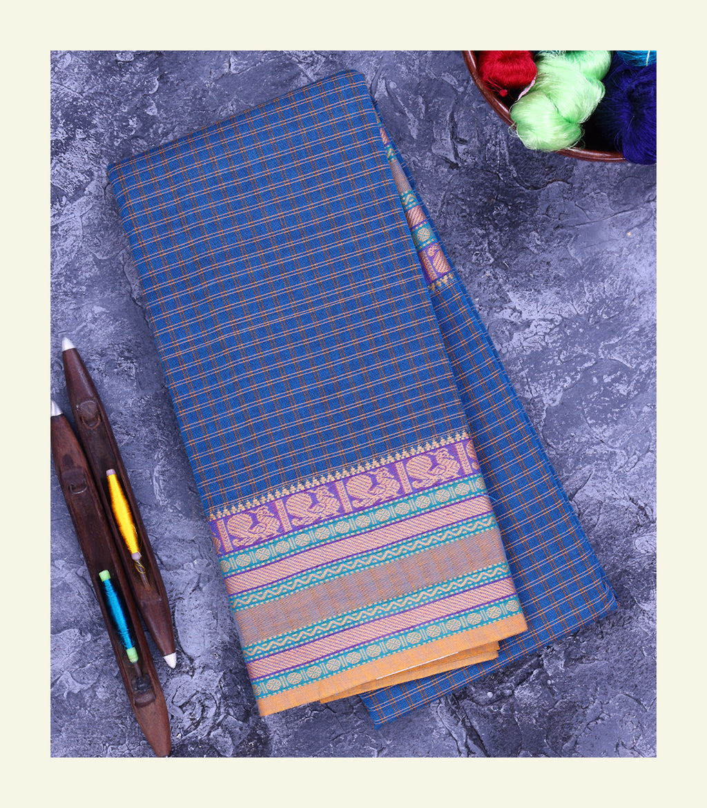 Blue Checkered Cotton Saree