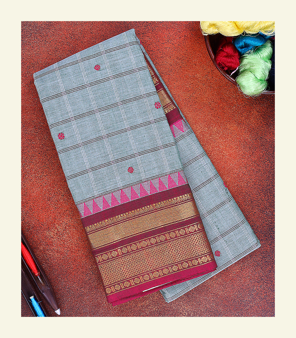 Blue Checkered Cotton Saree
