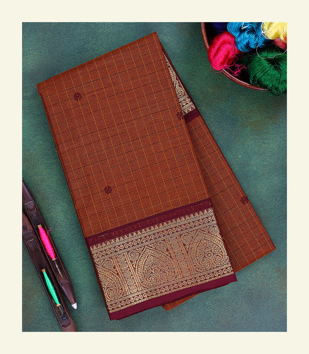 Brown Checkered Cotton Saree