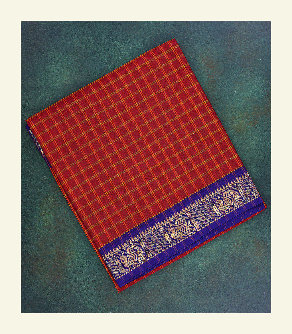 Maroon Checkered Cotton Saree