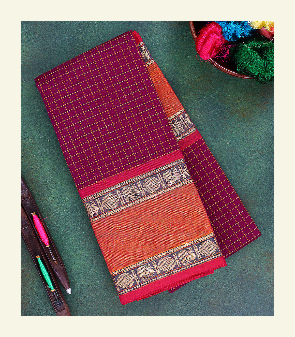Maroon Checkered Cotton Saree