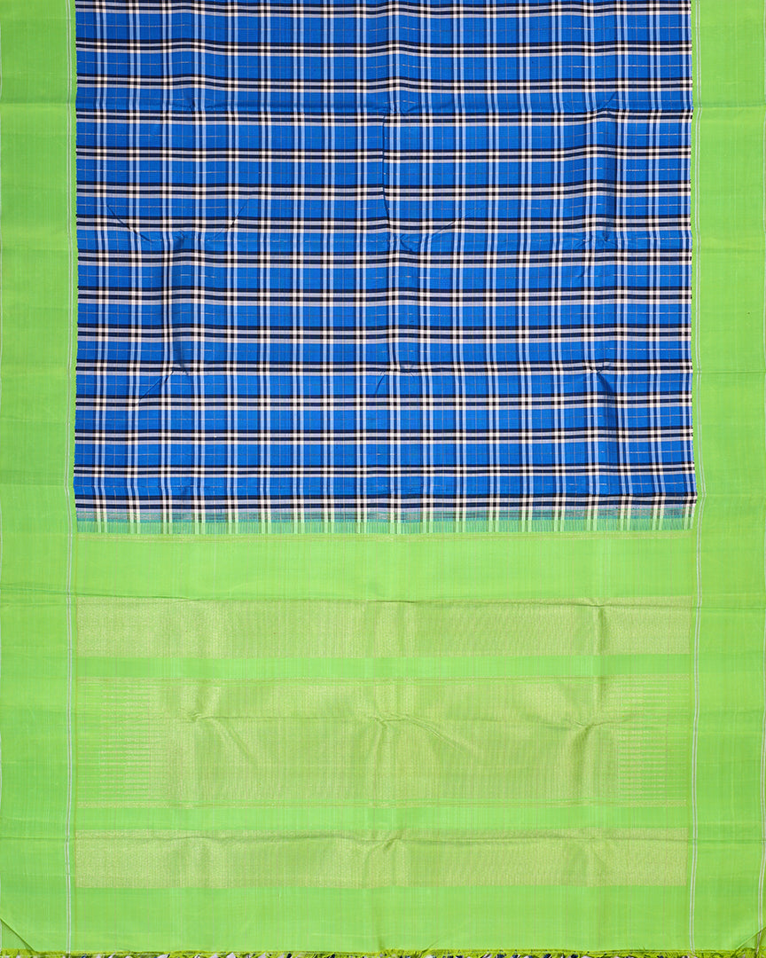 A open picture of kanchipuram silk saree showcasing the body,border and the pallu design
