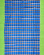 A full view image of a korvai kanchipuram silk saree with korvai border and multi color checks on the body.