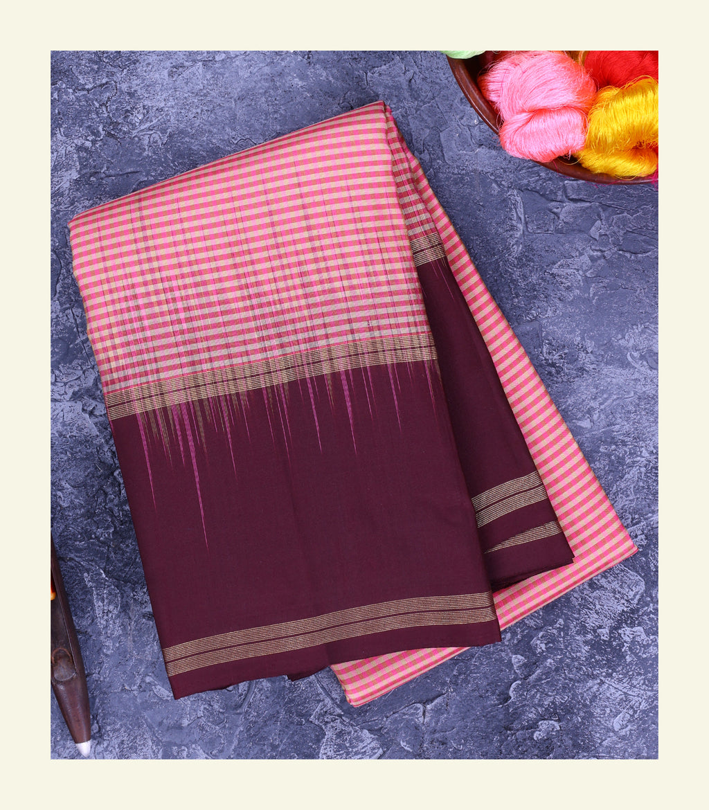 Pink Checkered Silk Saree