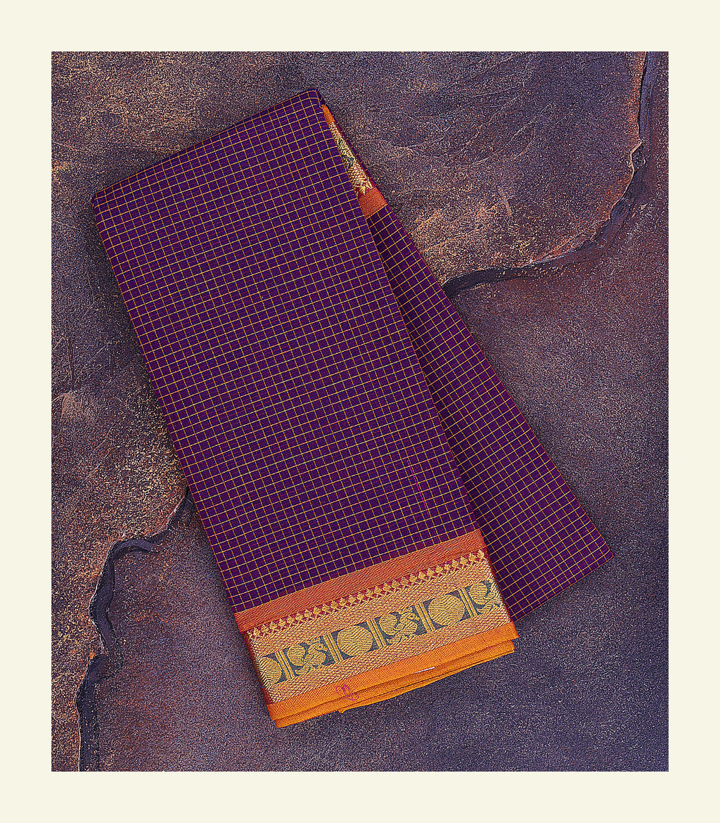 Purple Checkered Cotton Saree