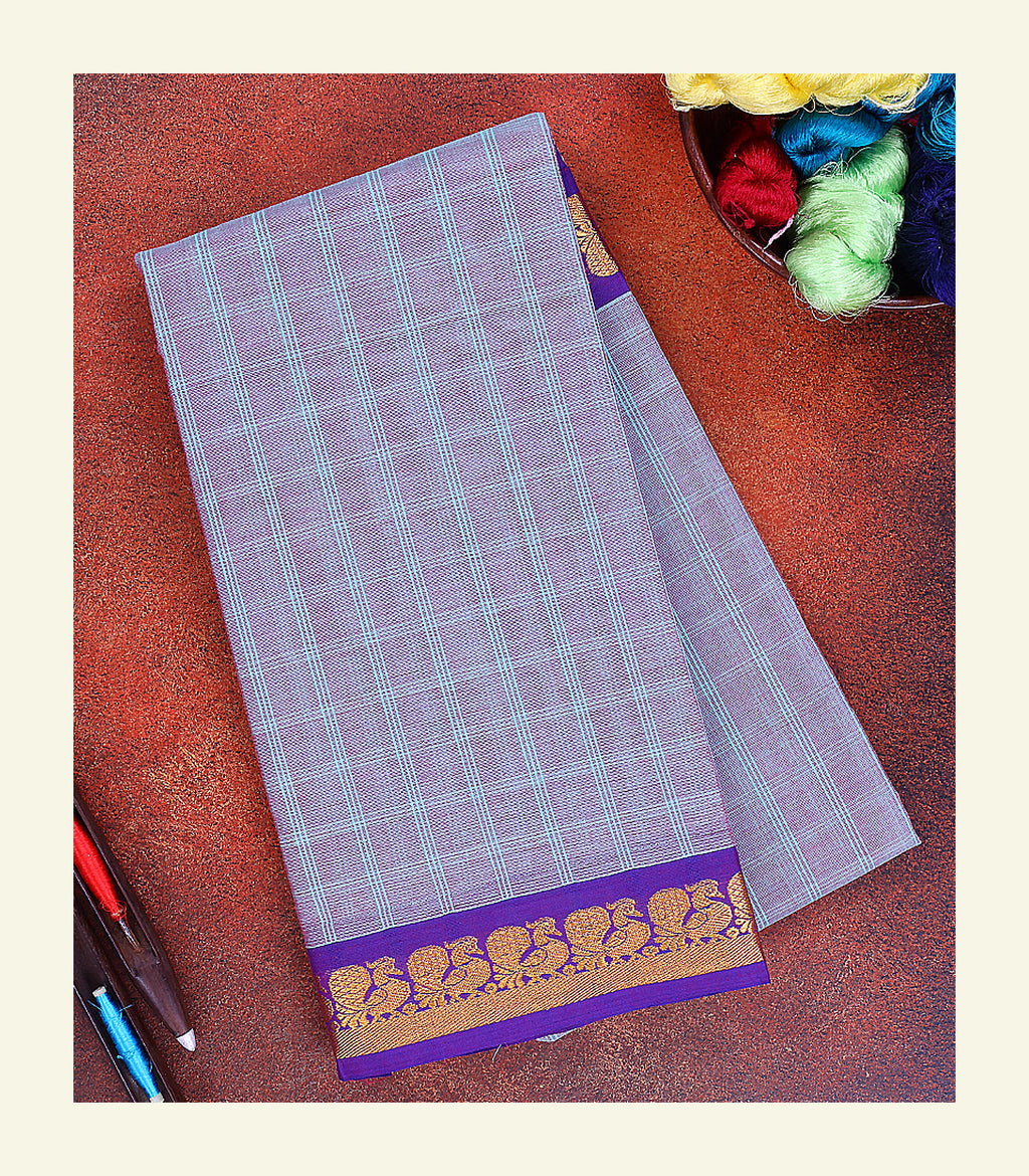 Purple Checkered Cotton Saree