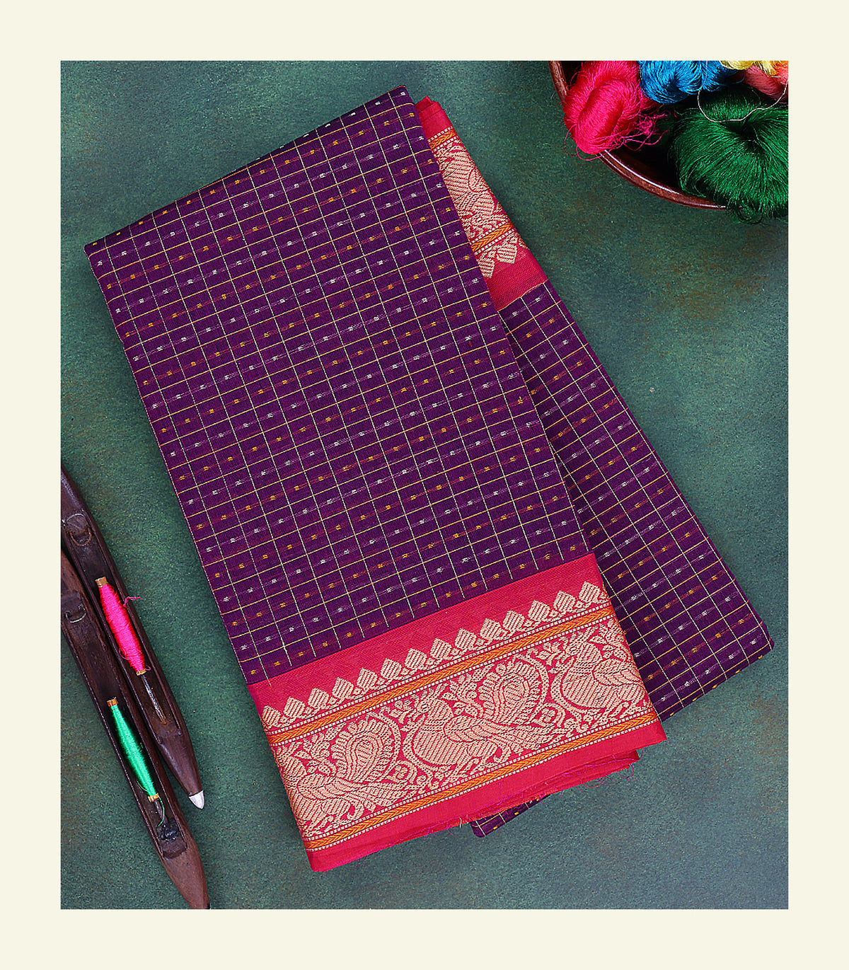 Purple Checkered Cotton Saree