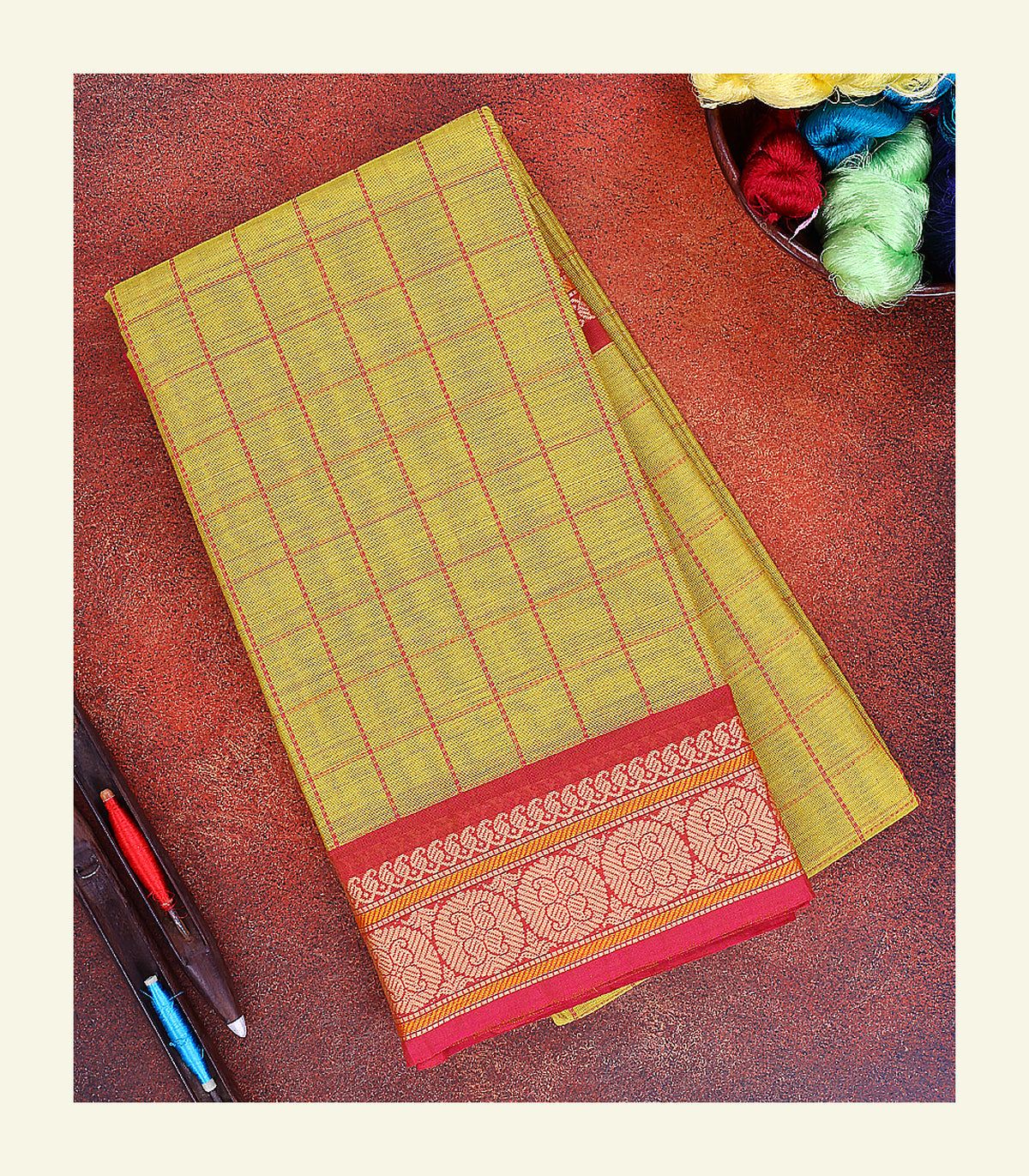 Yellow Checkered Cotton Saree