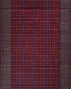 A full view of brown kanchipuram silk saree with traditional seet border and body checks