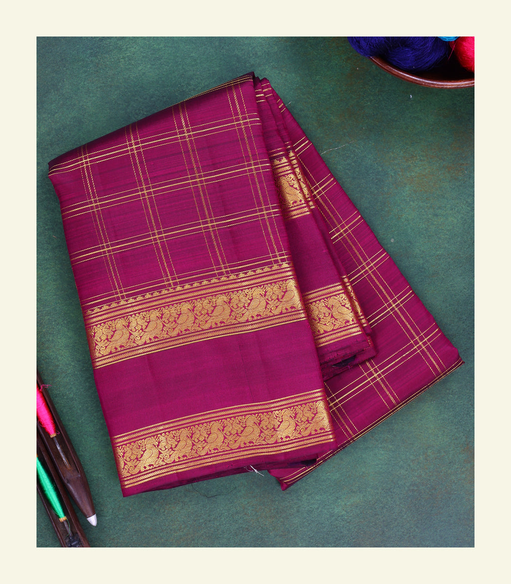 Checkered Magenta Handloom Silk Saree