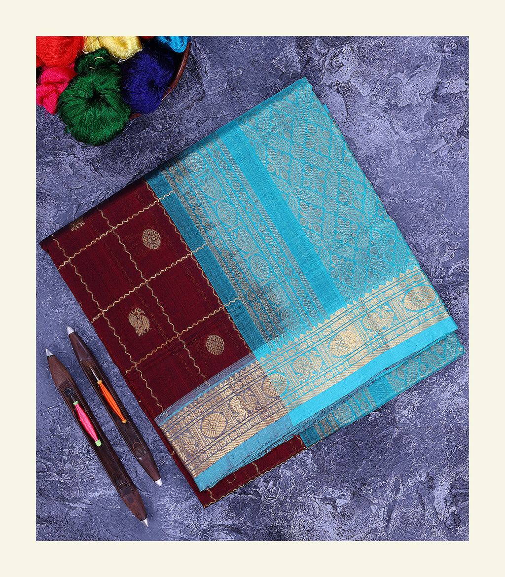 Maroon Checkered Silk Cotton Saree