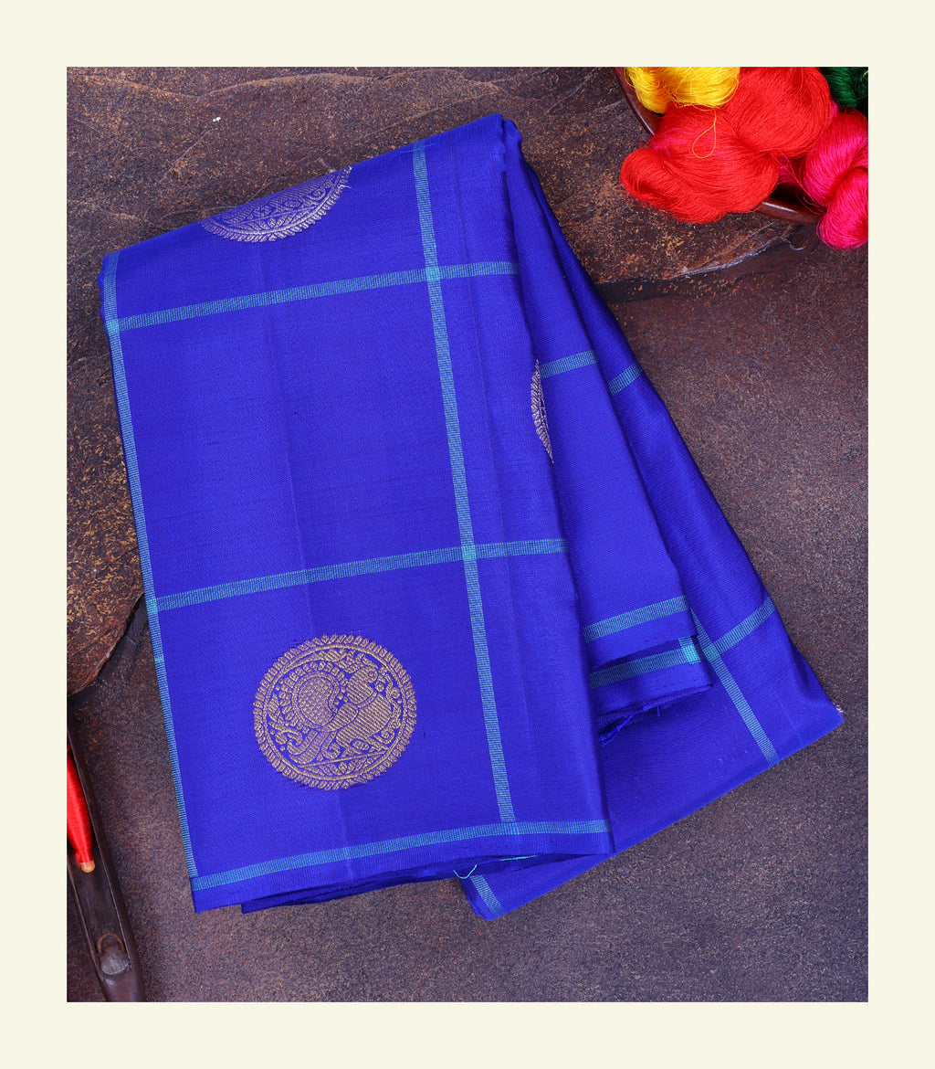 Blue Checkered Handloom Silk Saree