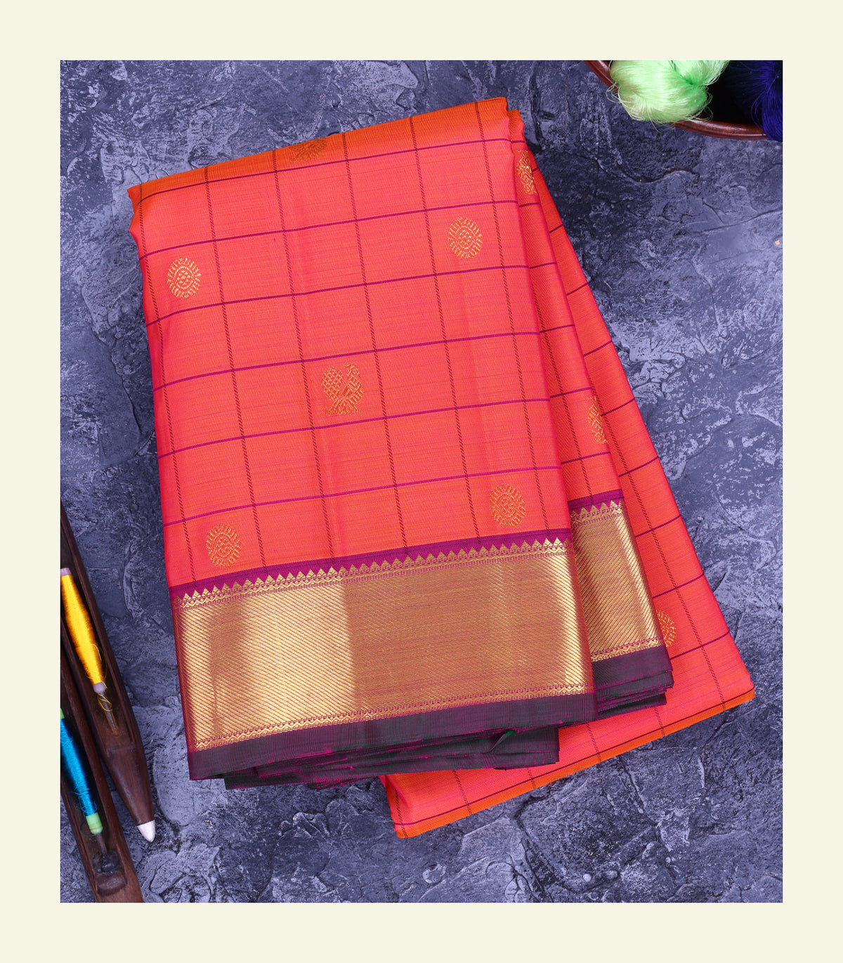 Orange Checkered Handloom Silk Saree