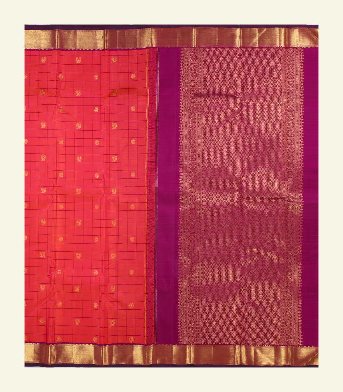 Orange Checkered Handloom Silk Saree
