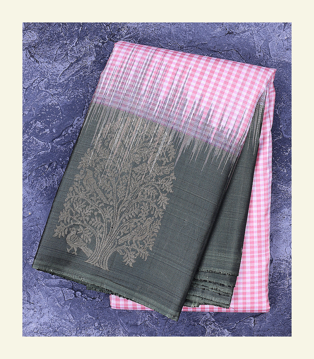 Checkered Pink Silk Saree
