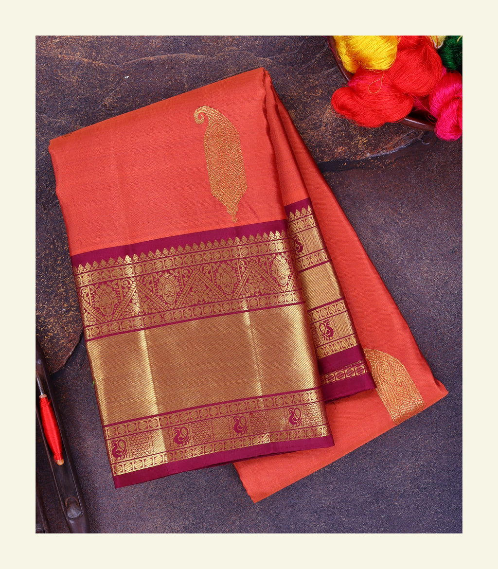 Coral Orange Handloom Silk Saree
