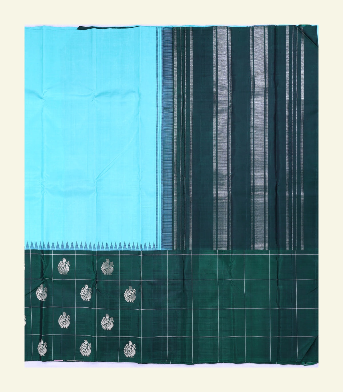 Turquoise & Bottle Green Handloom Silk Saree