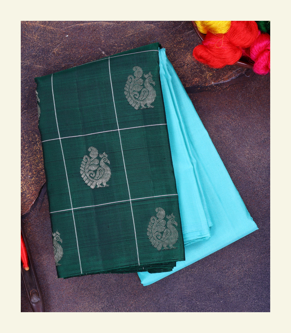 Turquoise & Bottle Green Handloom Silk Saree