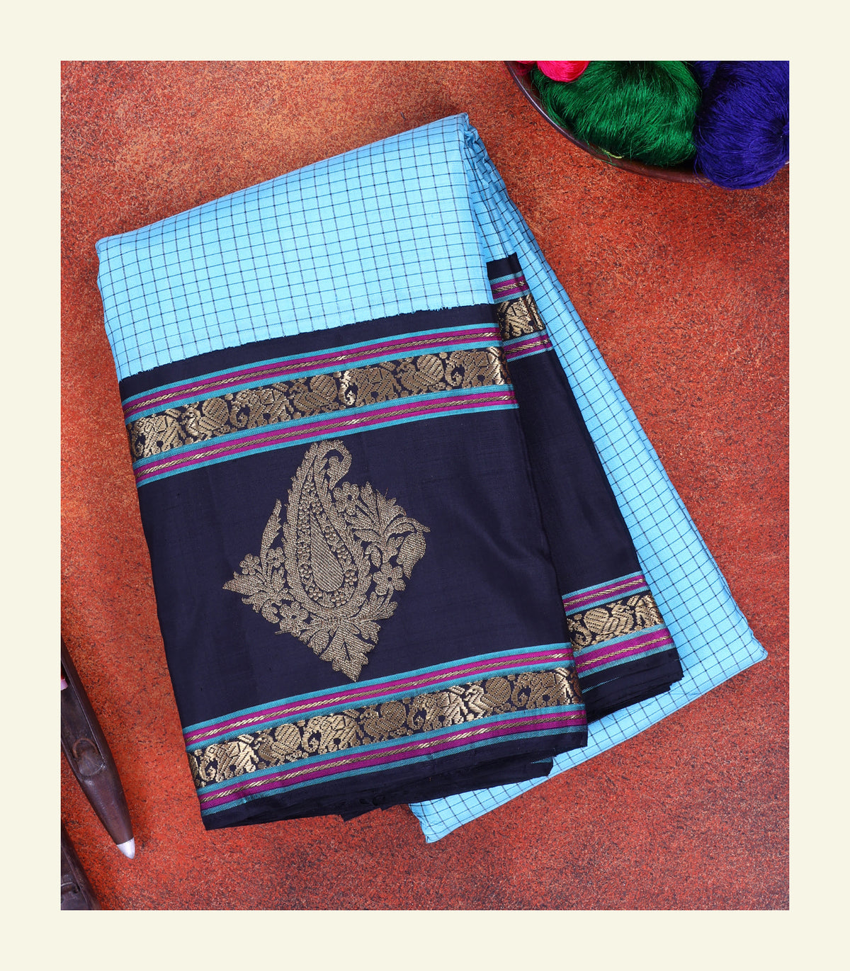 Blue Checkered Handloom Silk Sareee