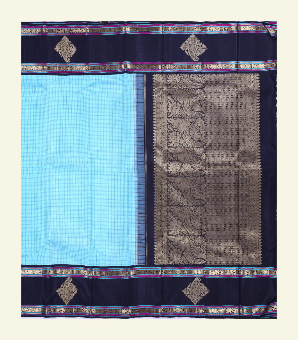Blue Checkered Handloom Silk Sareee