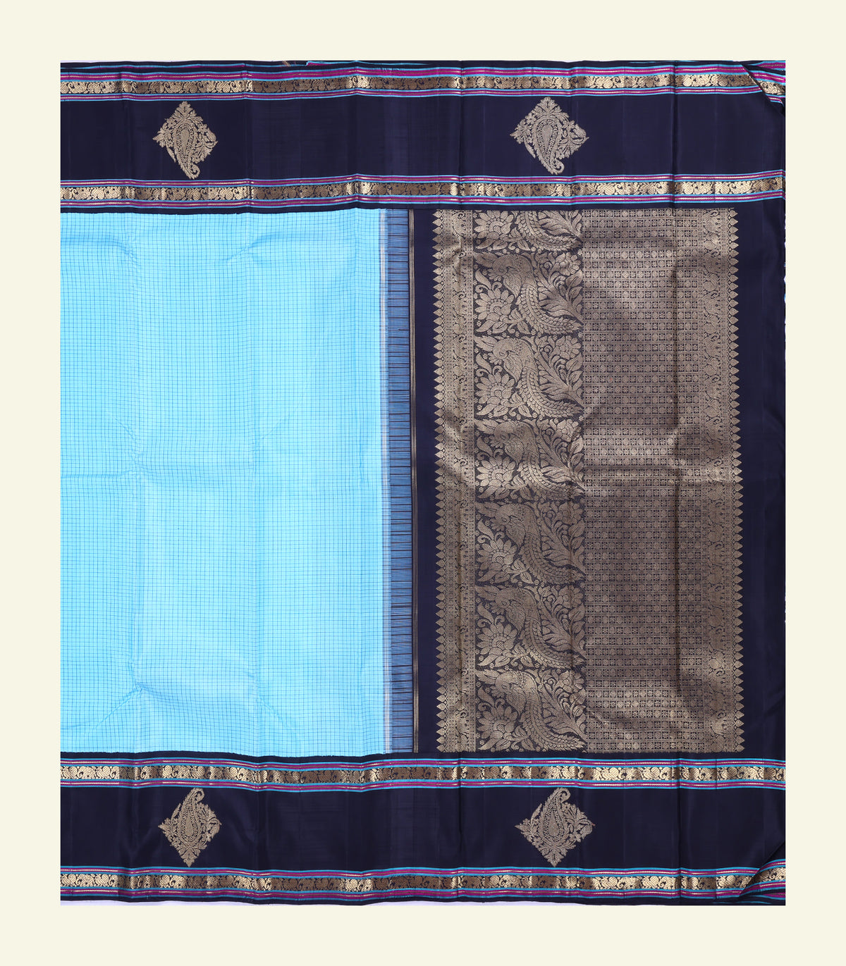 Blue Checkered Handloom Silk Sareee