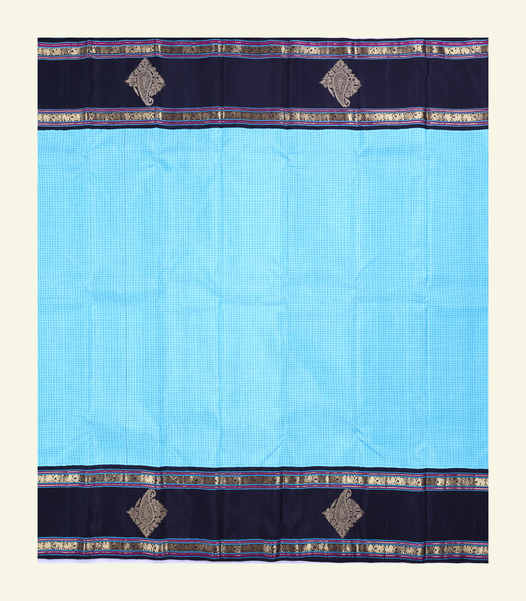 Blue Checkered Handloom Silk Sareee
