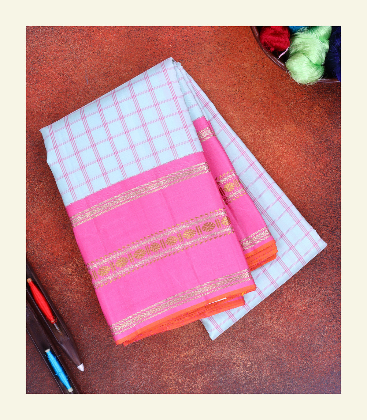 Checkered Sky Blue Handloom Silk Saree